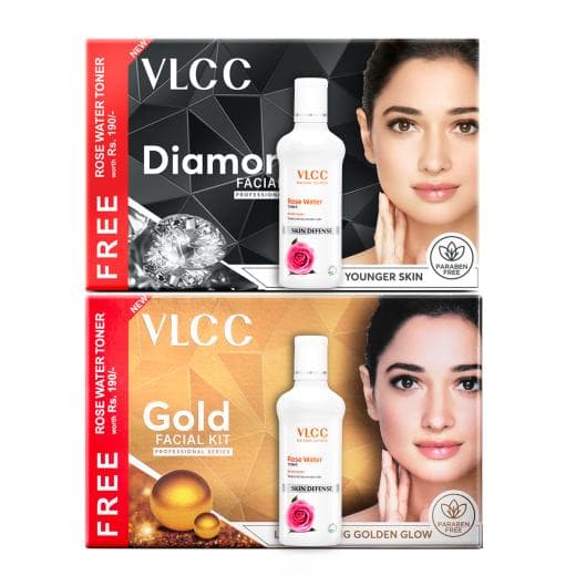 VLCC Gold Facial Kit + FREE Rose Water Toner & Diamond Facial Kit + FREE Rose Water Toner