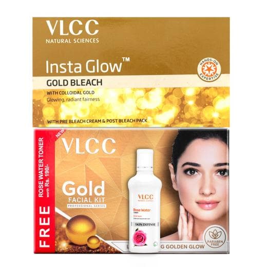 VLCC Gold Facial Kit with Free Rose Water Toner & Insta Glow Gold Bleach
