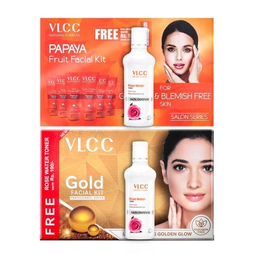 VLCC Gold Facial Kit with Free Rose Water Toner & Papaya Fruit Facial Kit with FREE Rose Water Toner